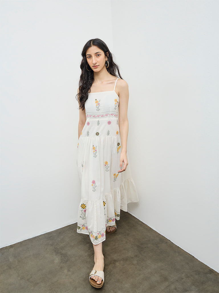 Bombay Paisley Off-White Floral Embroidered Cotton Tiered Dress