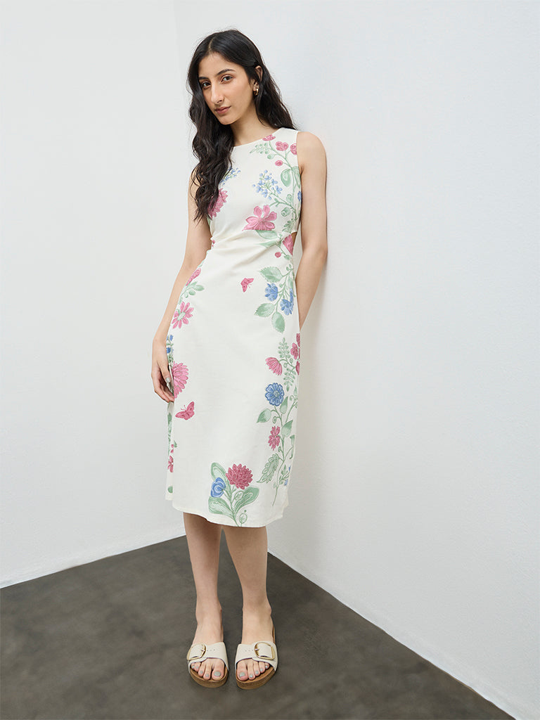 Bombay Paisley Off-White Floral Cotton-Blend A-Line Dress