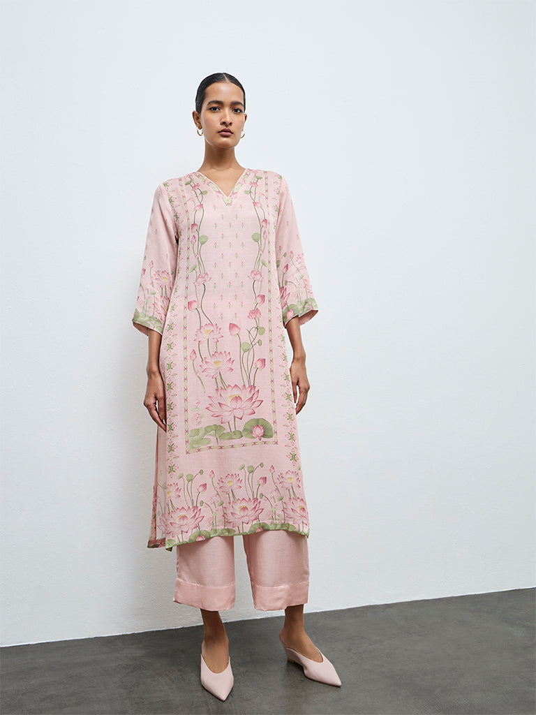 Zuba Pink Floral Pattern A-Line Kurta