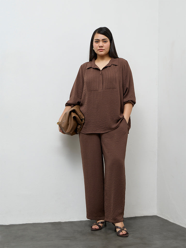 Gia Dark Brown Textured High-Rise Pants