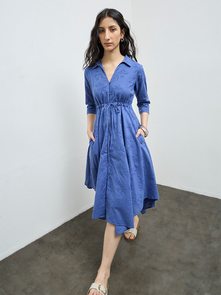 Bombay Paisley Blue Schiffli Embroidered A-Line Dress