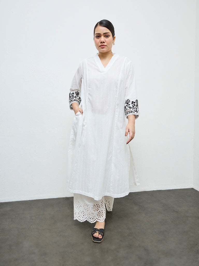Diza White Floral Embroidered Cotton A-Line Kurta