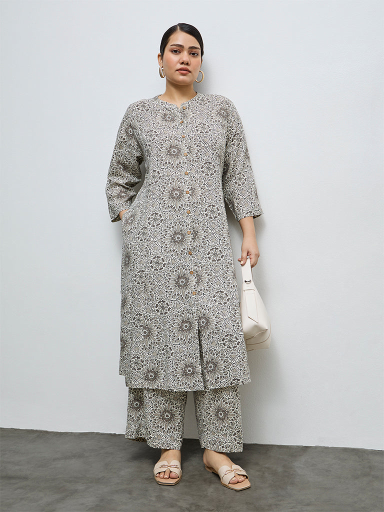 Diza Taupe Floral Design A-Line Kurta