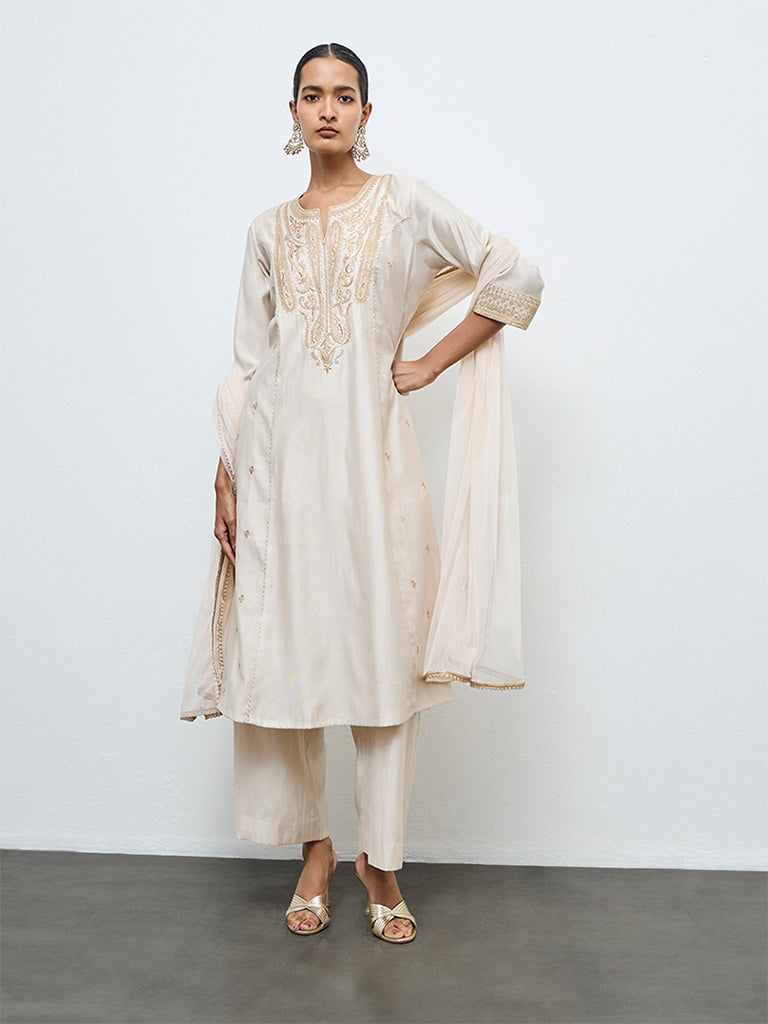 Vark Off-White Embellished A-Line Ethnic Set