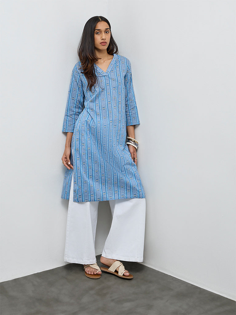 Utsa Blue Leaf Pattern Cotton Straight Kurta