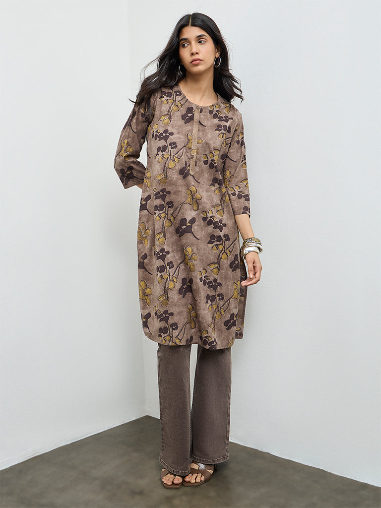 Utsa Taupe Batik Leaf Design Cotton Straight Kurta