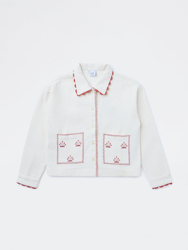 HOP Kids Girls Cream Textured Embroidered Cotton Shirt