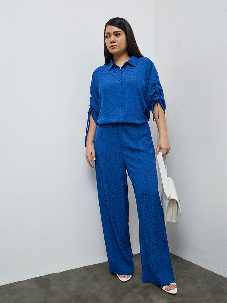 Gia Blue Self-Textured High-Rise Pants