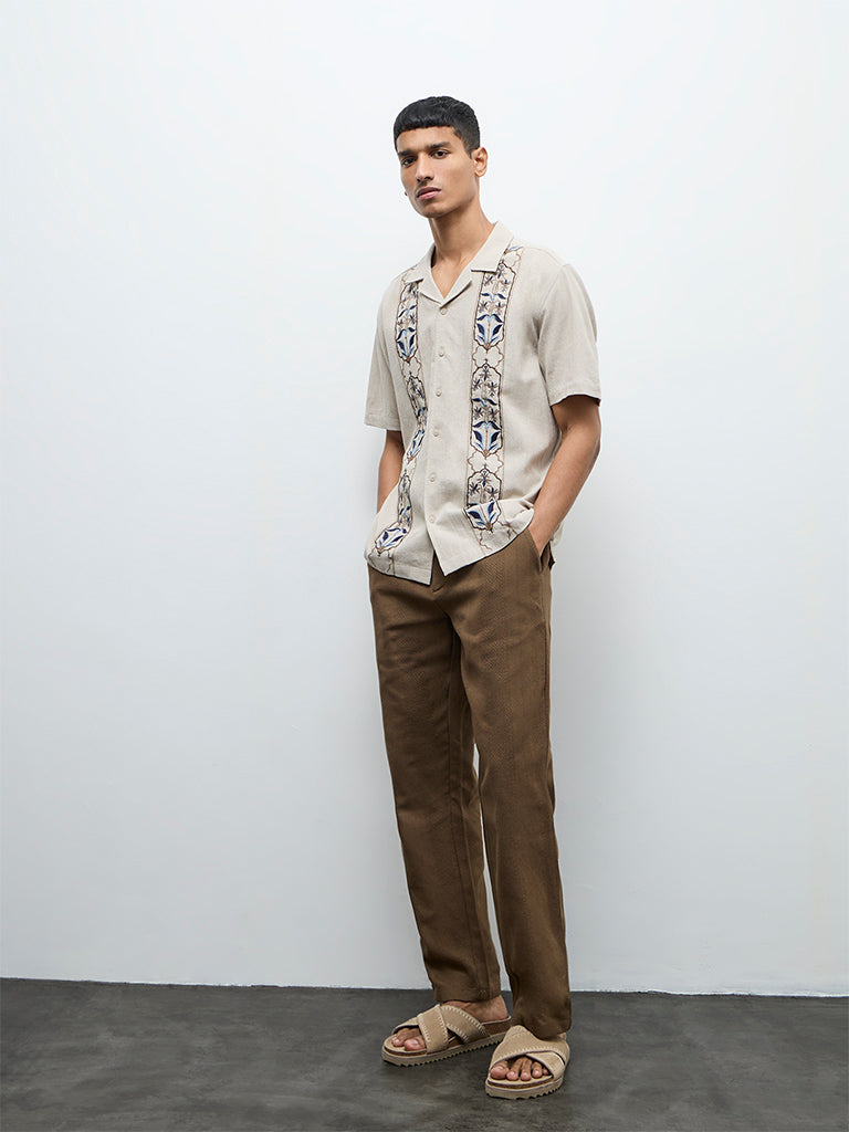 ETA Taupe Textured Relaxed-Fit Mid-Rise Cotton Chinos