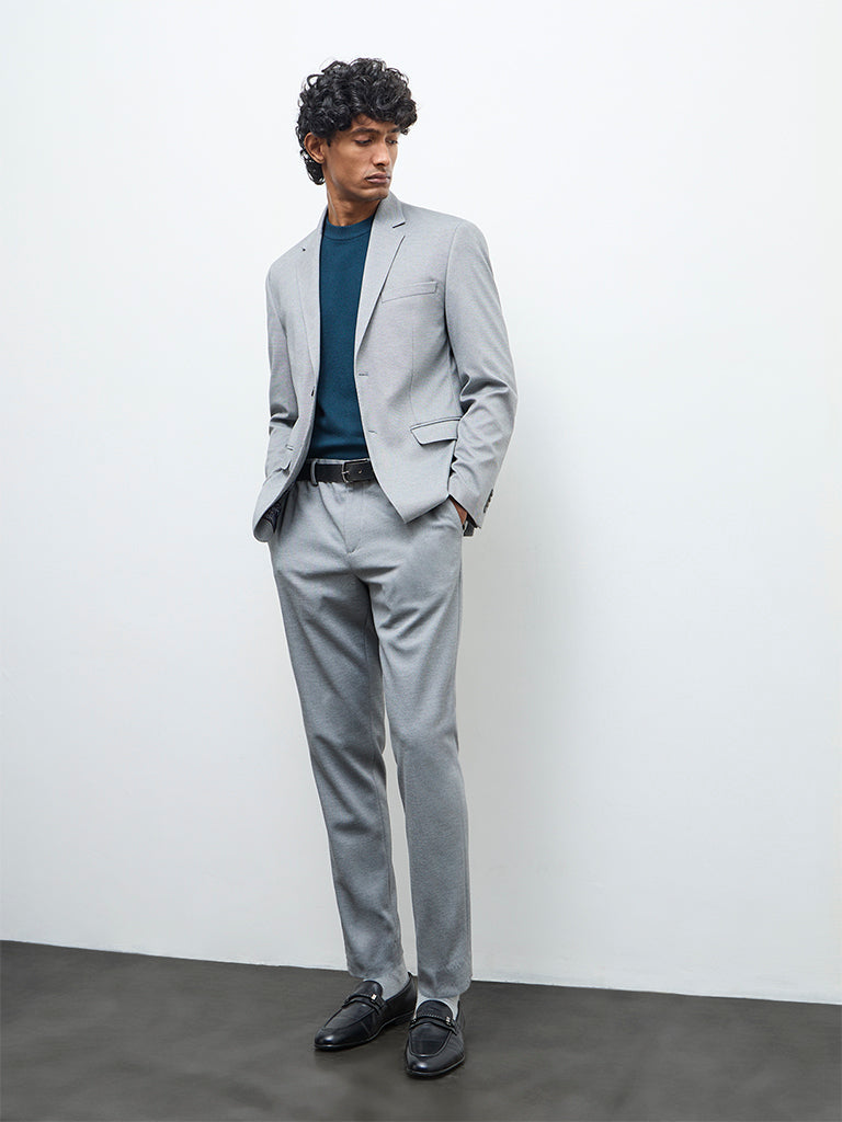 WES Formals Grey Slim-Fit Mid-Rise Trousers