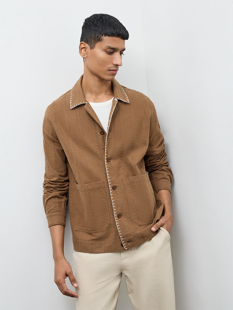 ETA Brown Embroidered Relaxed-Fit Cotton Jacket