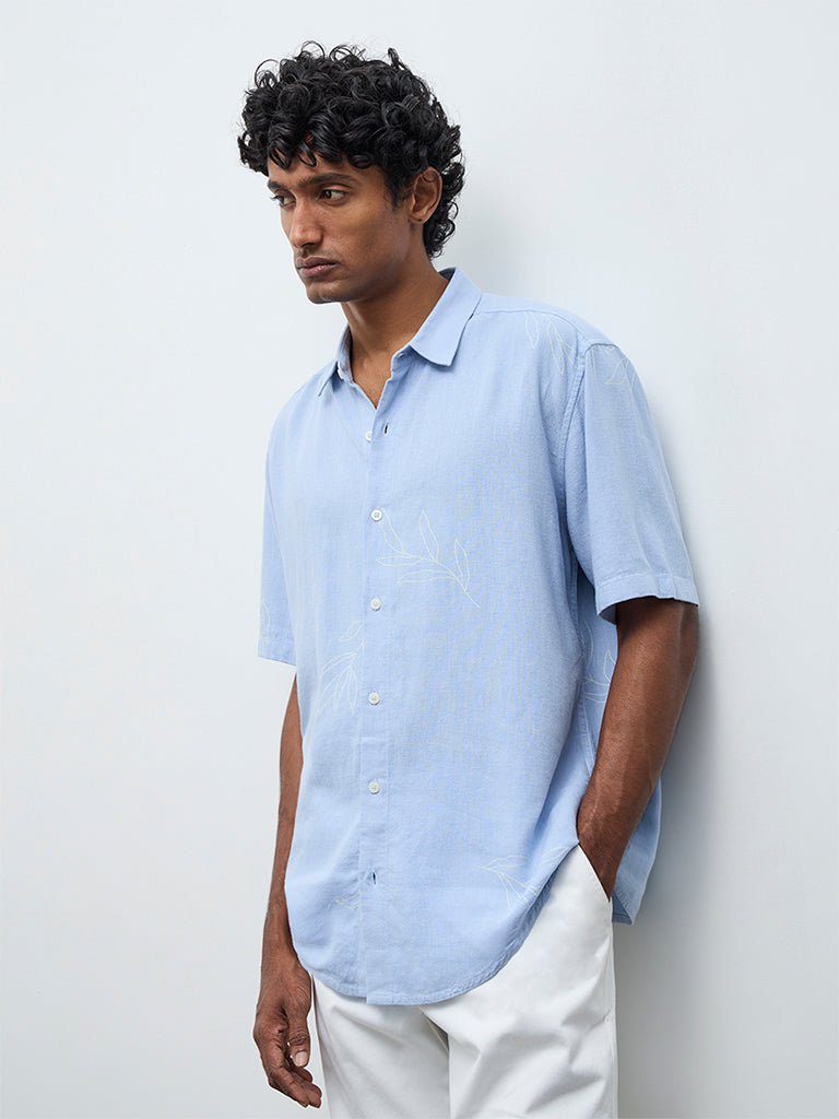 Ascot Light Blue Botanical Pattern Relaxed-Fit Shirt