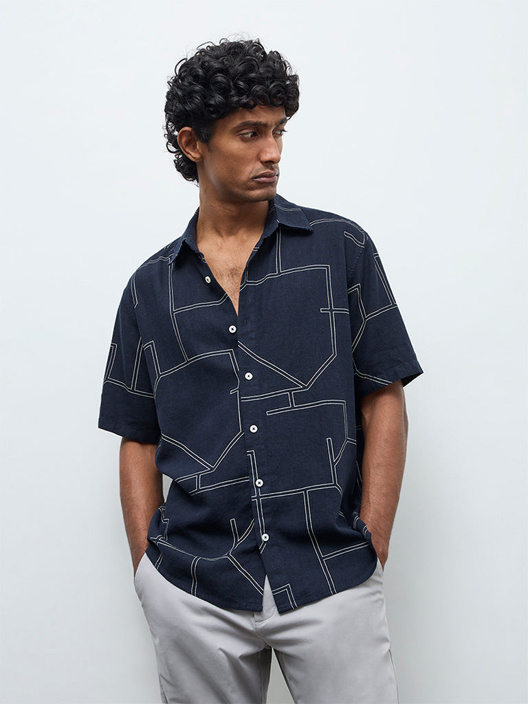 Ascot Navy Abstract Printed Relaxed-Fit Shirt