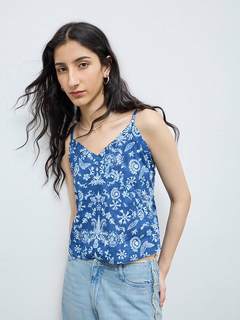 Bombay Paisley Blue Botanical Printed Cotton Top