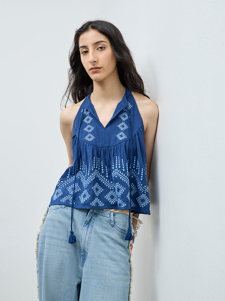 Bombay Paisley Blue Embroidered Cotton Top