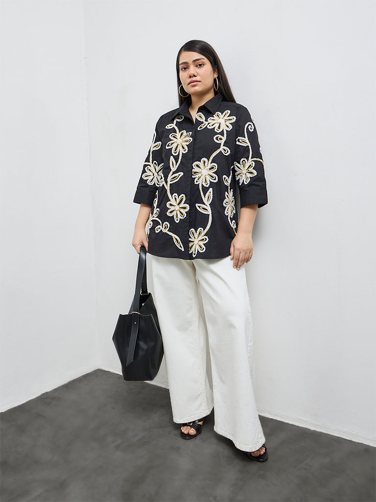 Gia Black Floral Embroidered Cotton Shirt