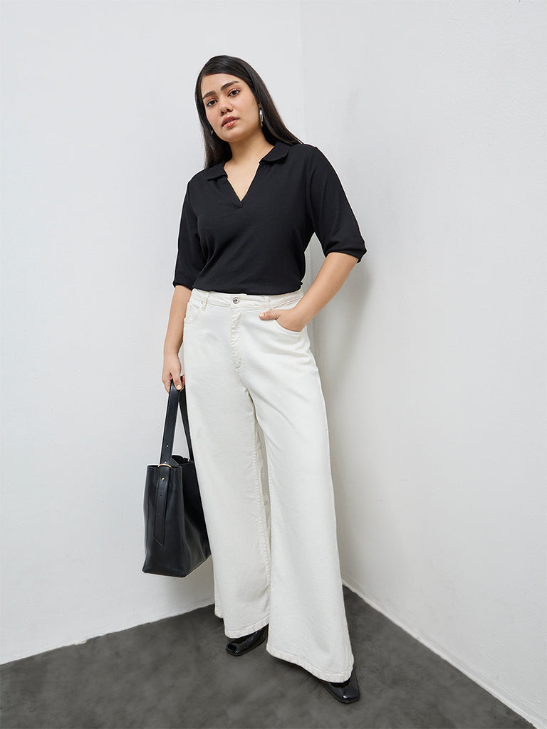 Gia Black Ribbed-Textured Top