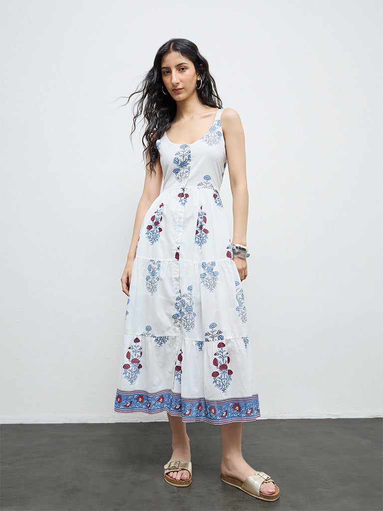 Bombay Paisley White Floral Cotton Tiered Dress
