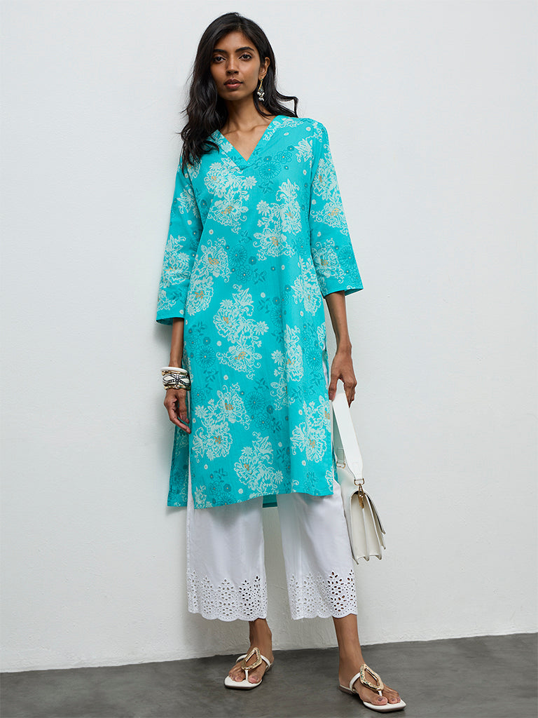 Utsa Aqua Floral Pattern Straight Cotton Kurta
