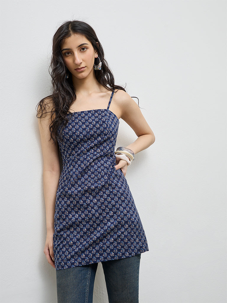 Utsa Indigo Floral Printed Cotton Tunic