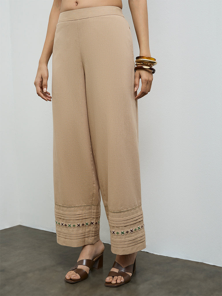 Utsa Beige Pintuck Detailed Cotton-Blend Ethnic Pants