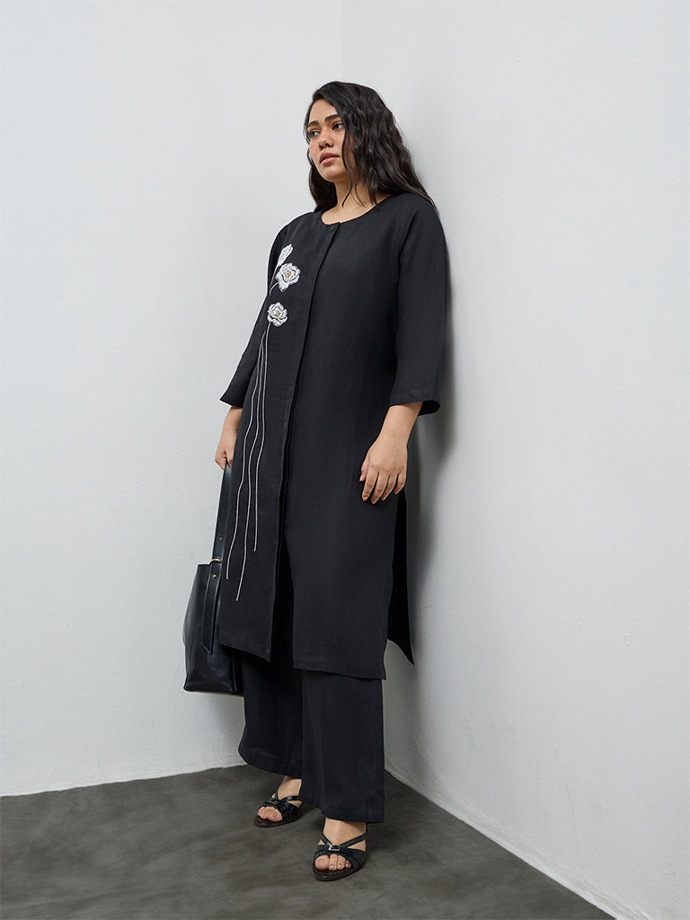 Diza Black Solid Linen Pants