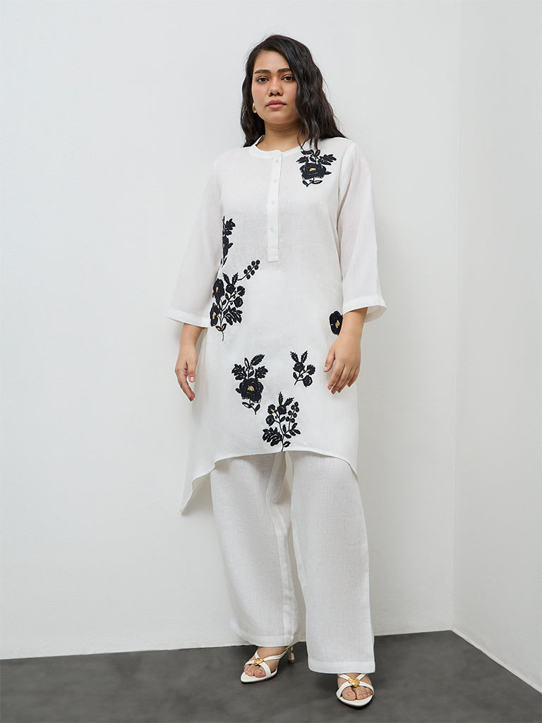 Diza White Floral Embroidered Linen A-Line Kurta