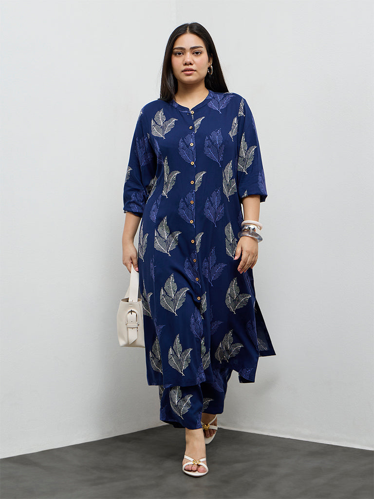 Diza Indigo Foliage Printed A-Line Kurta