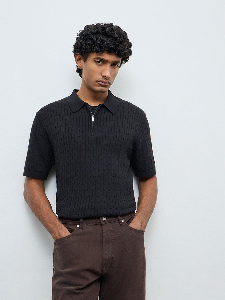 Ascot Black Cable-Knit Relaxed-Fit Cotton Polo T-Shirt