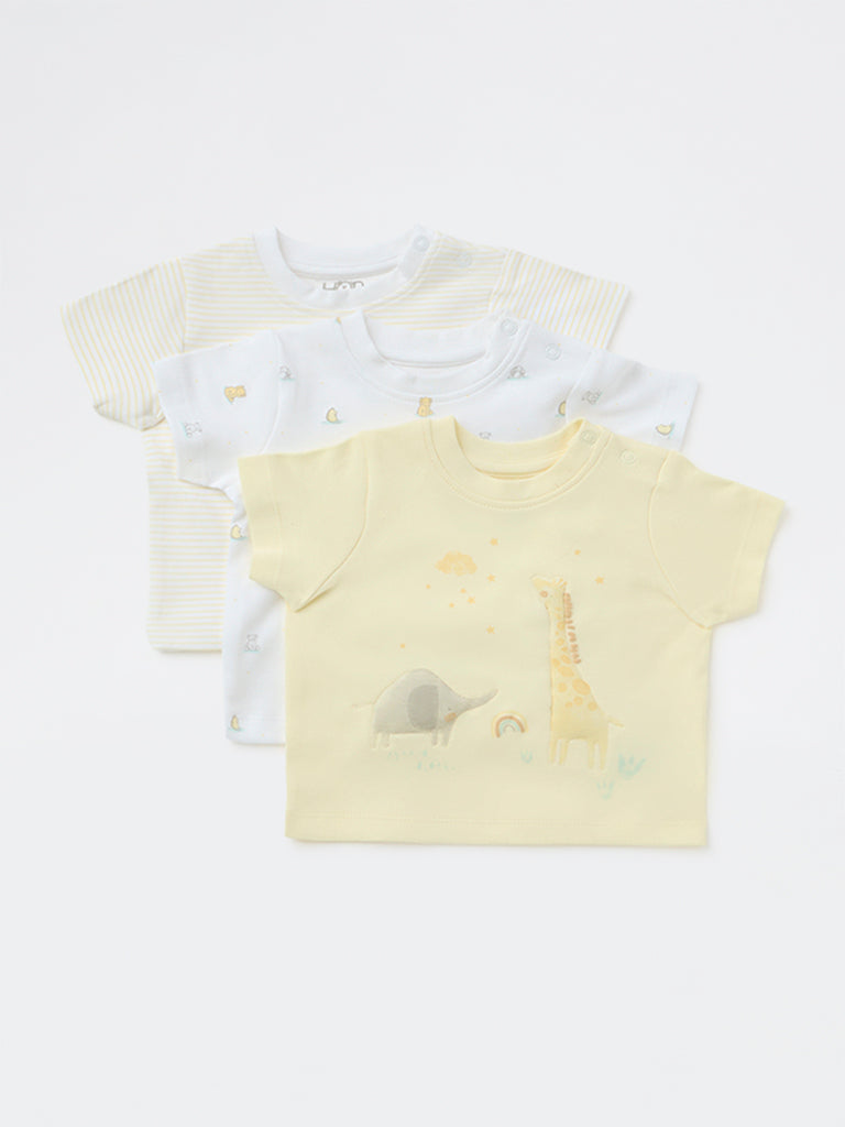 HOP Baby Boys Yellow Printed Cotton T-Shirt - Pack of 3