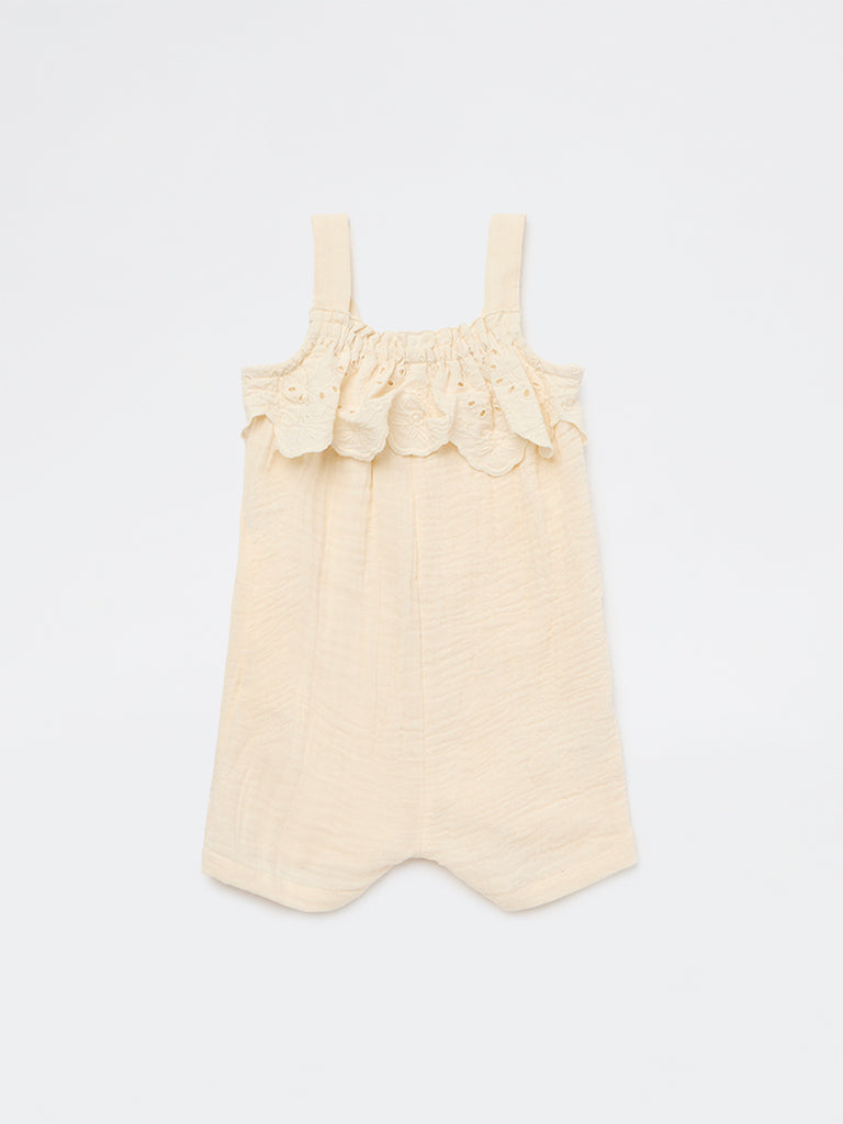 HOP Baby Girls Beige Schiffli Detailed Cotton Romper