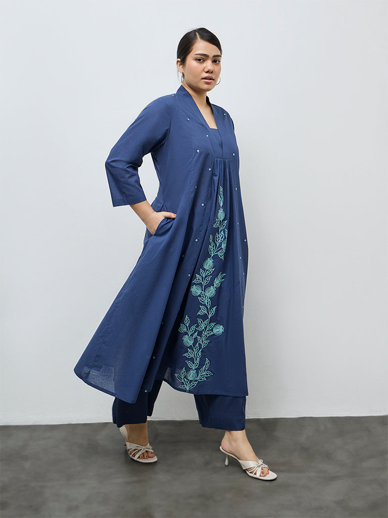 Diza Indigo Floral Embroidered Cotton A-Line Kurta