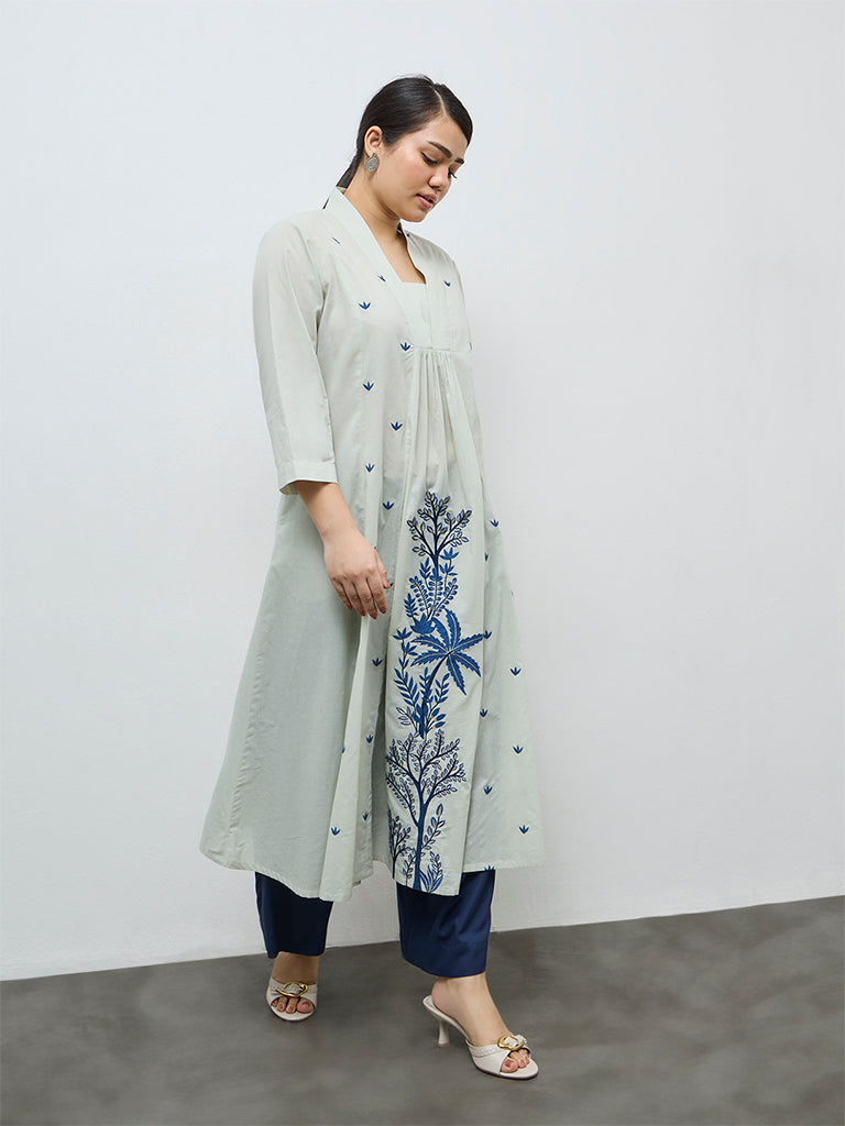 Diza Mint Foliage Embroidered Cotton A-Line Kurta