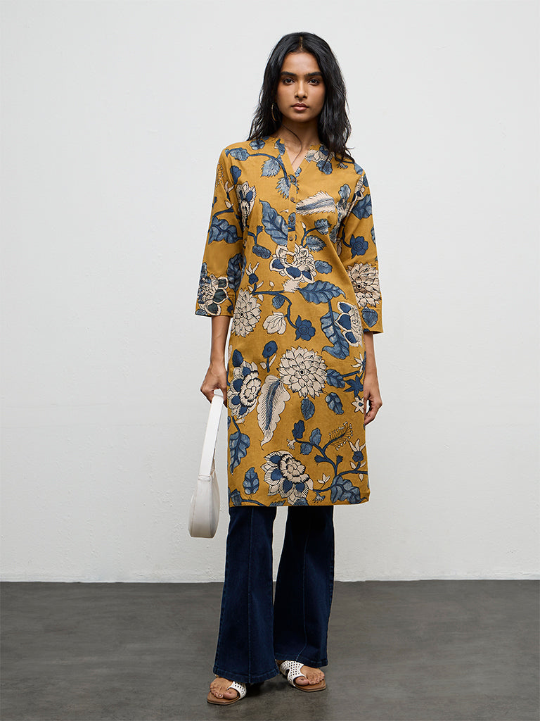 Utsa Mustard Floral Printed Cotton Straight Kurta
