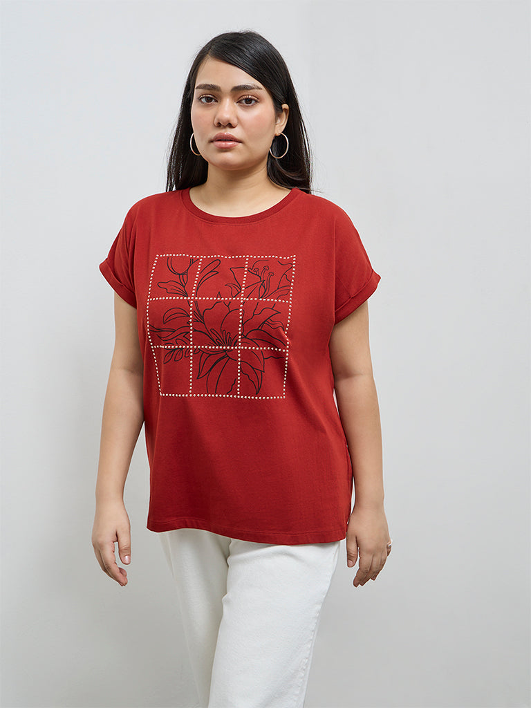 Gia Red Floral Design Cotton T-Shirt