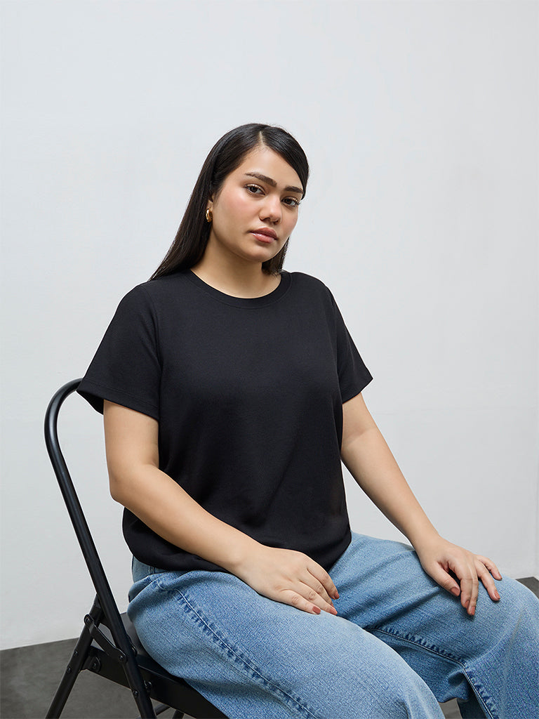 Gia Black Ribbed-Textured T-Shirt