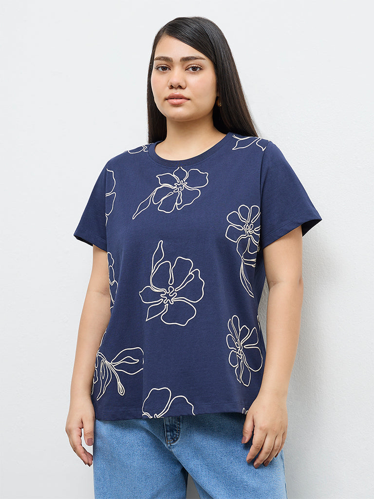 Gia Navy Floral Printed Cotton T-Shirt