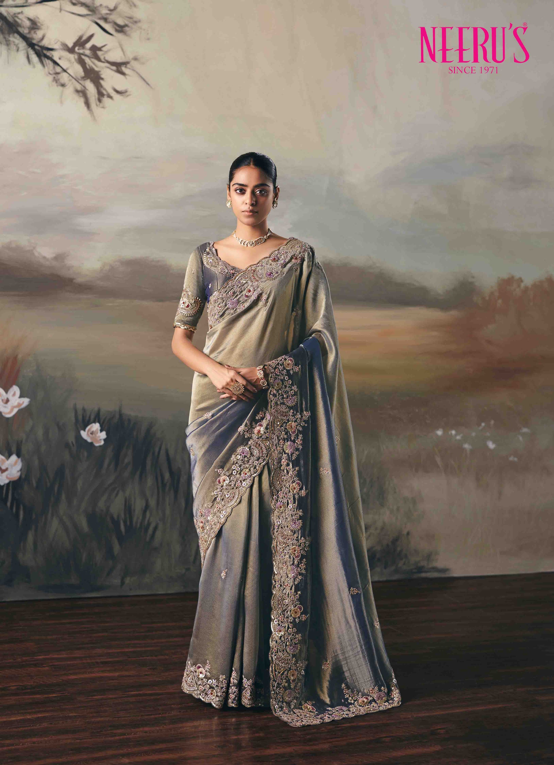 Blue Tissue Saree With Hand Embroidery Work