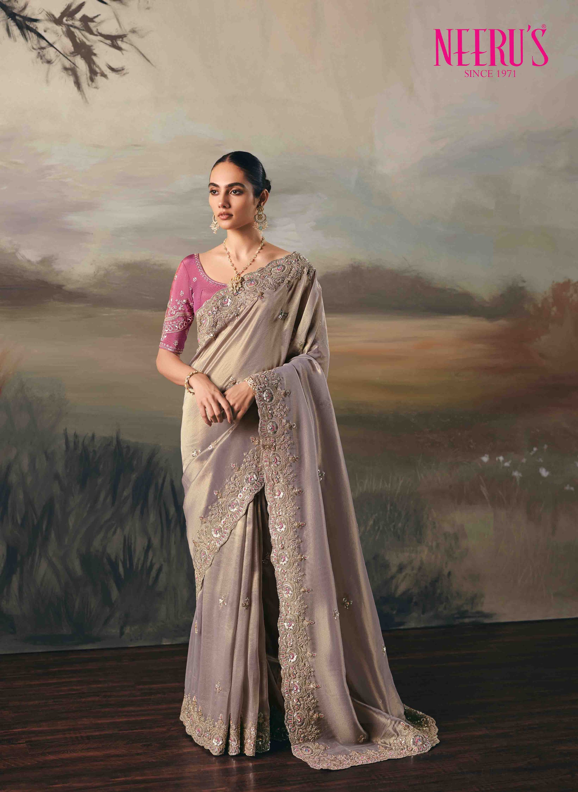 Lilac Tissue Saree With Heavy Zari And Sequins Work