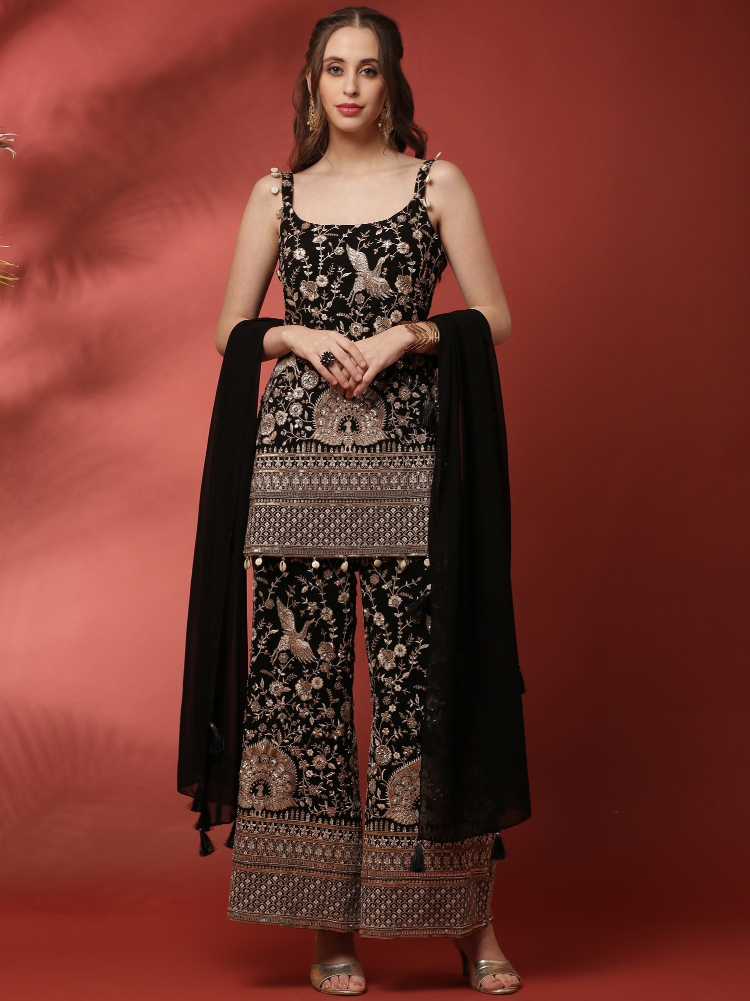 Black Geogrettte Palazoo Set With Embroiderey