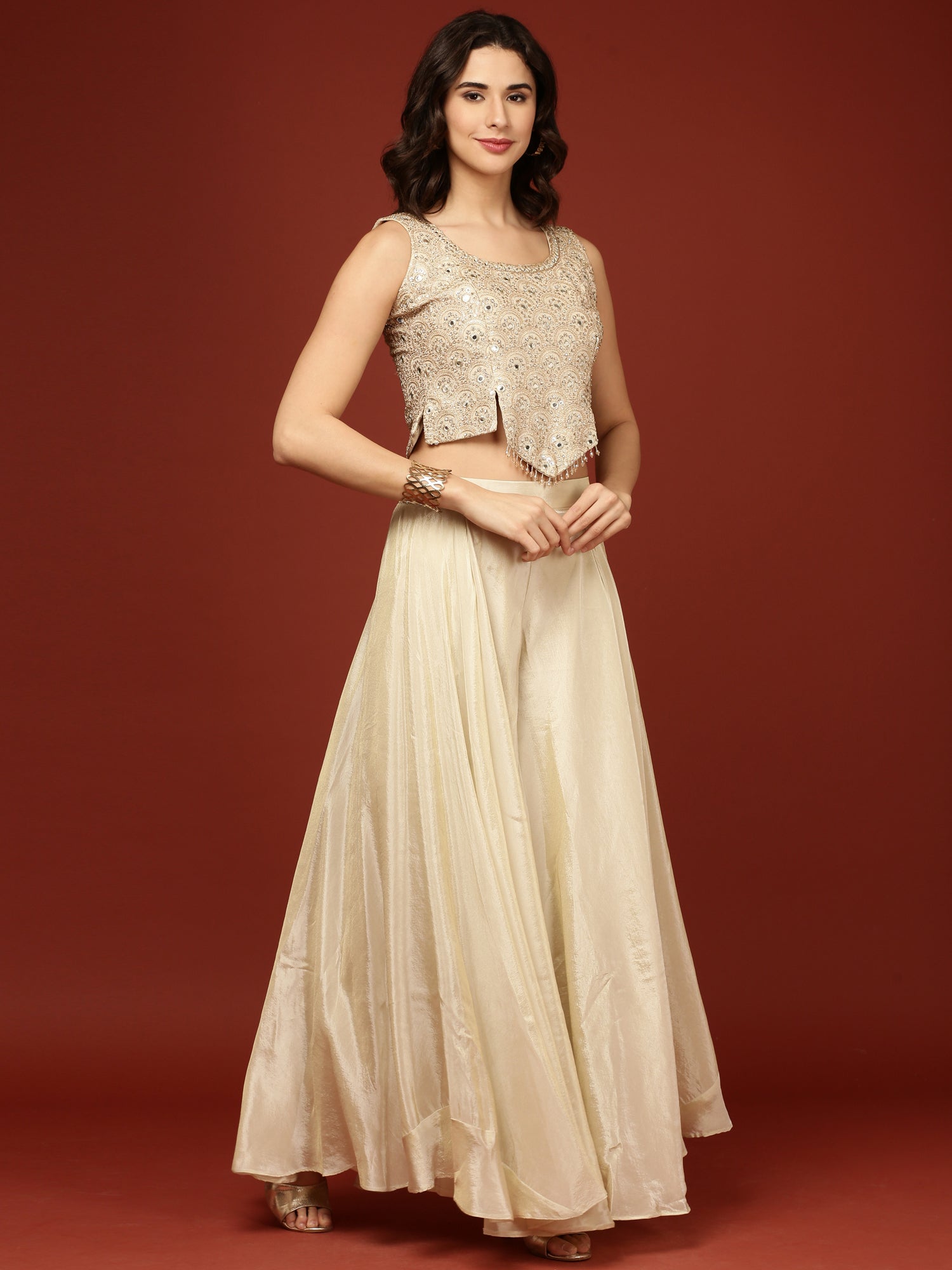 Beige Tissue Crop Top Palazzo Set