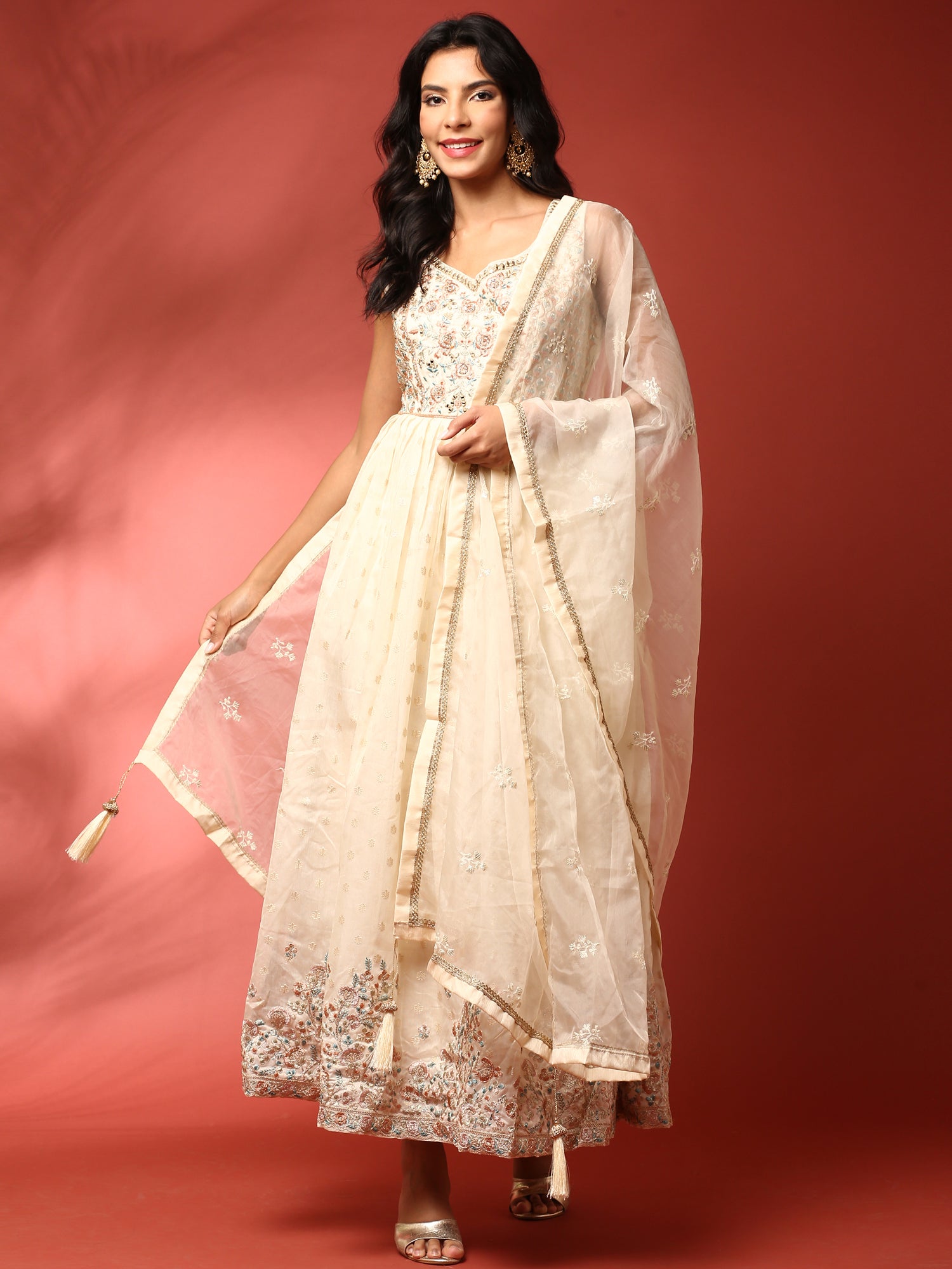 Cream tissue fabric Three piece anarkali set