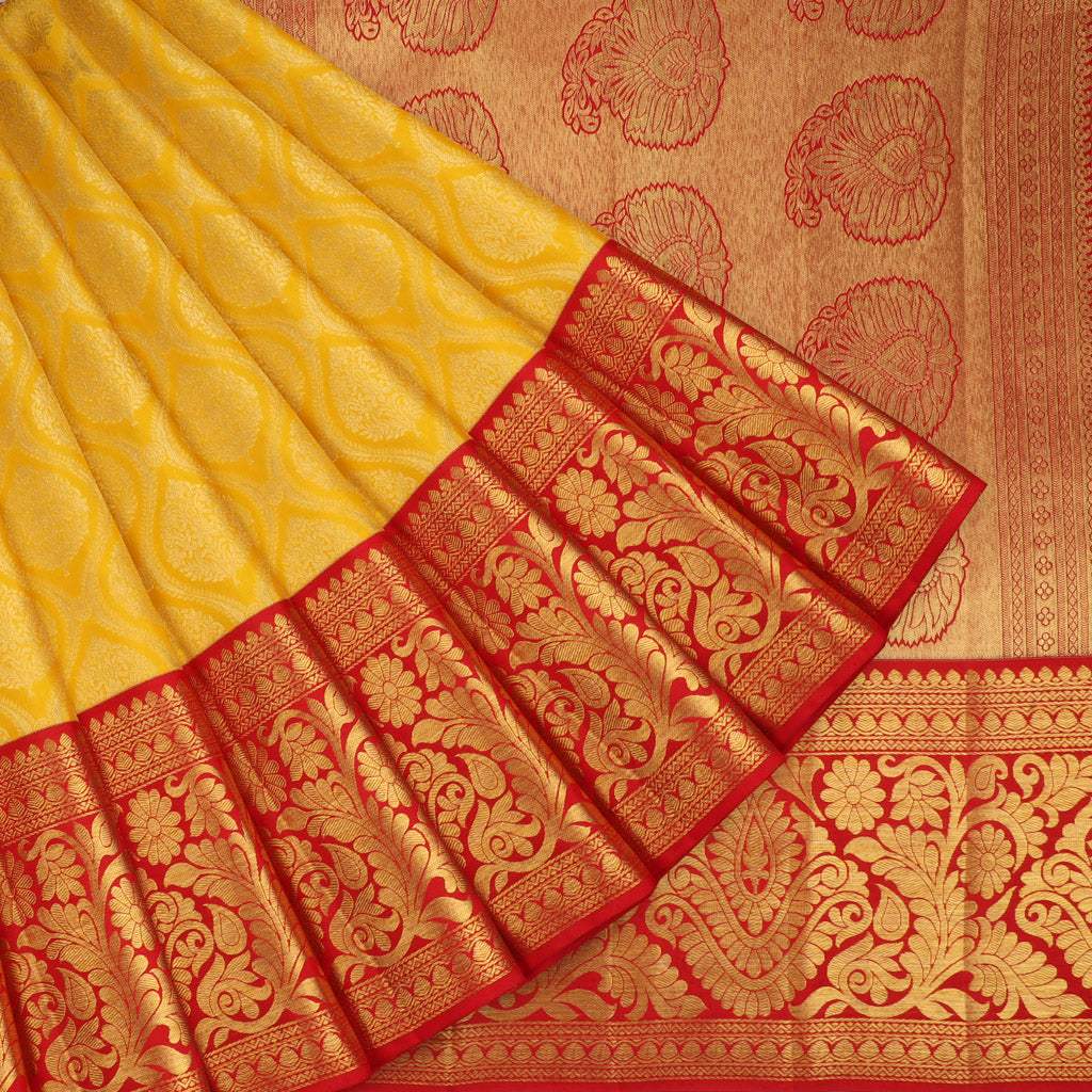 Bright Yellow Kanjivaram Silk Saree With Floral Buttas