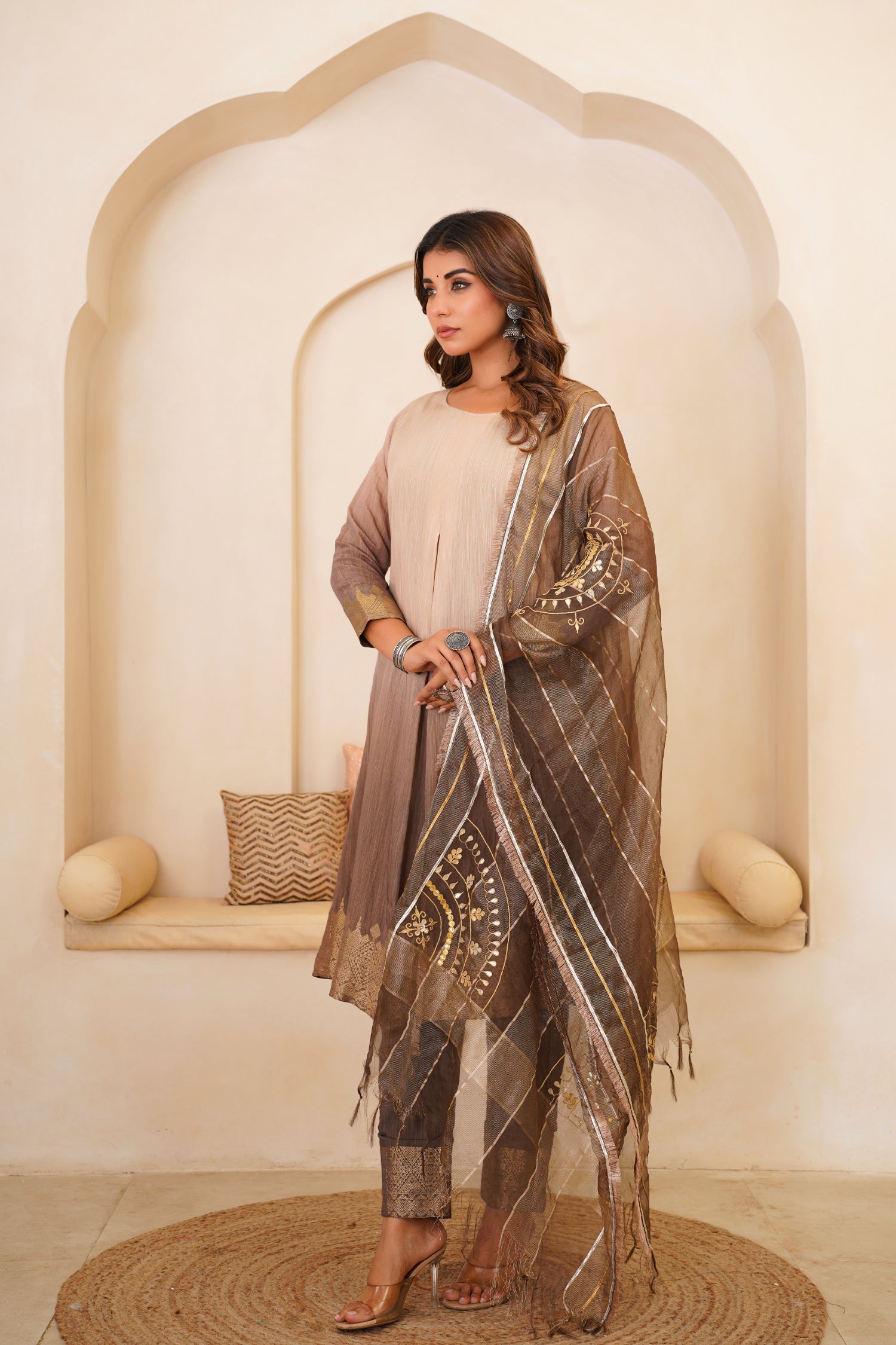 Beautiful Mocha Gotta Patti Kurti Set With Dupatta