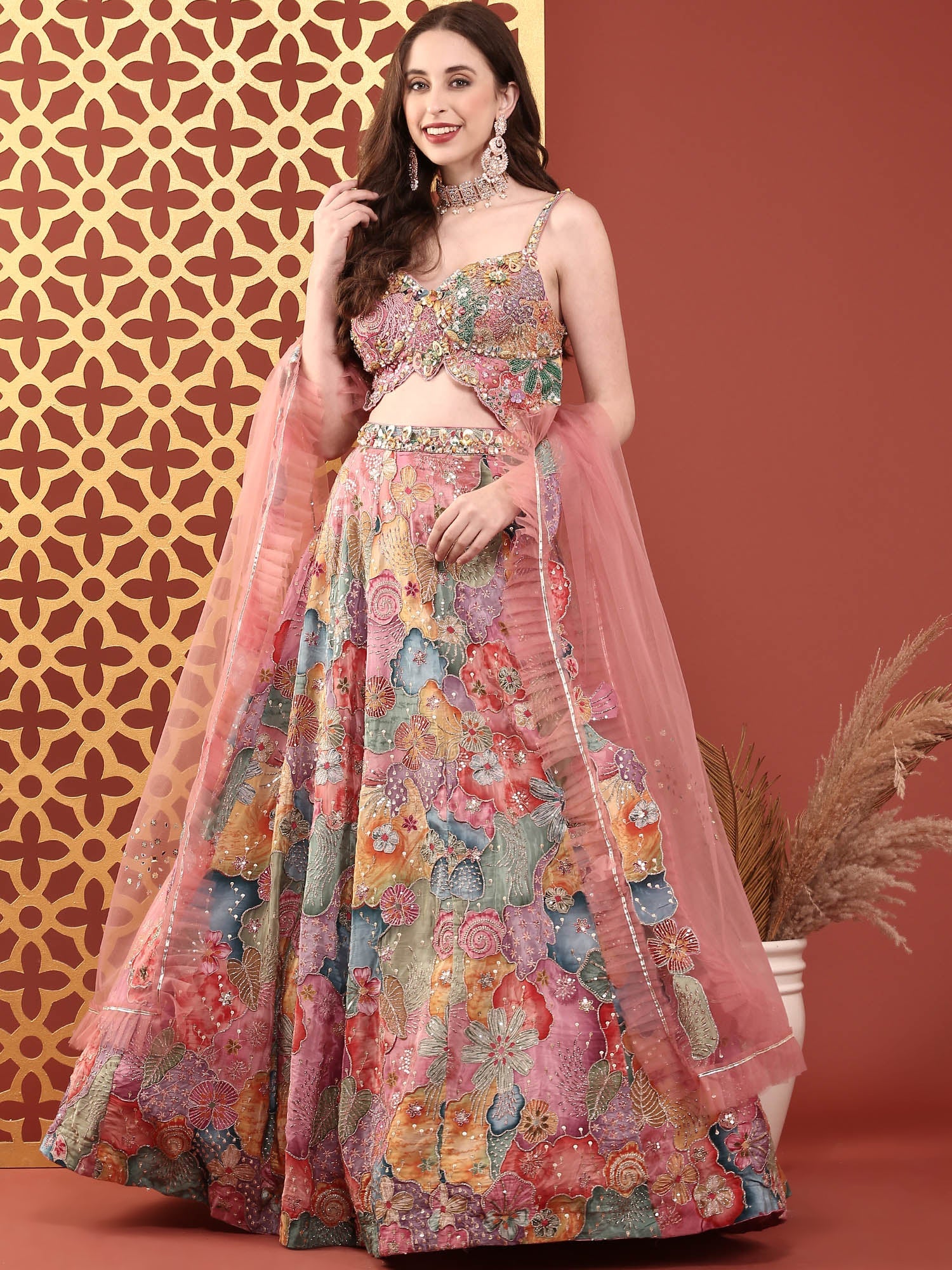 Multi Colour Chinnon Heavy Embroidery Ghagra Set