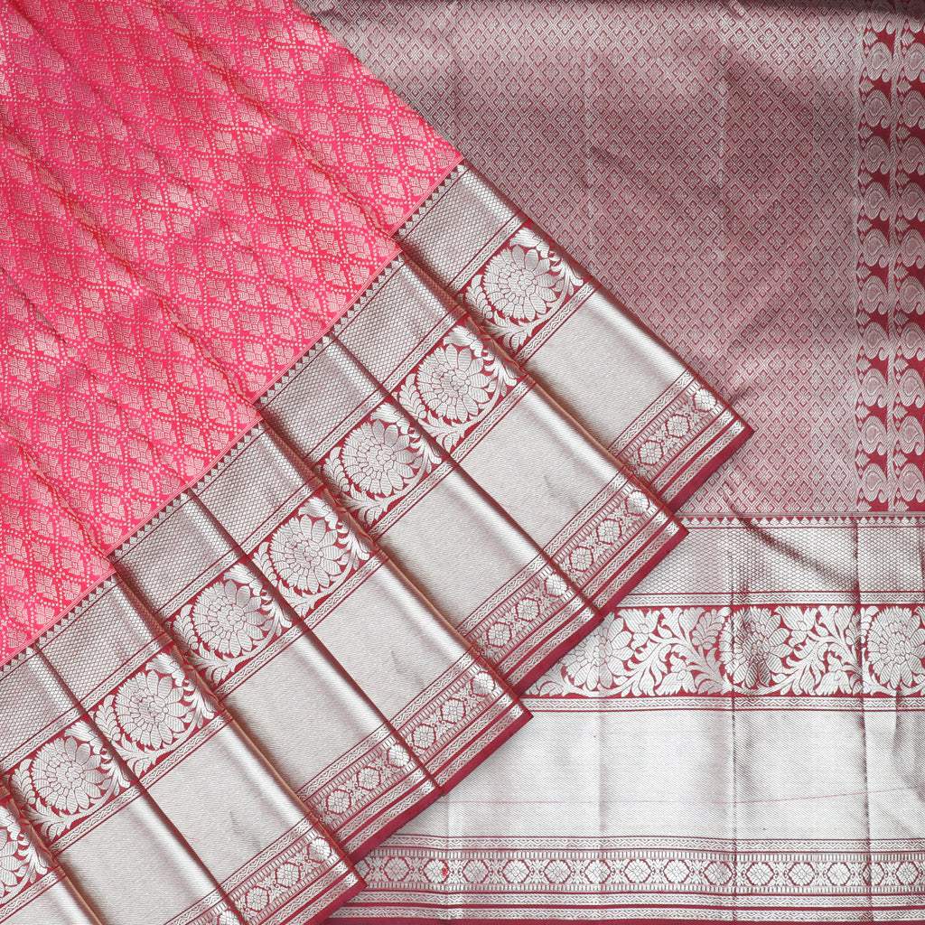 Bright Pink Kanjivaram Silk Saree With Tiny Floral Motifs