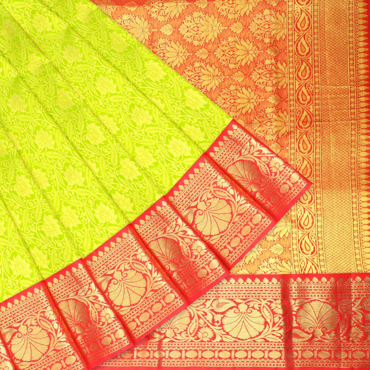 Bright Lime Green Kanjivaram Silk Saree With Floral Jaal Design