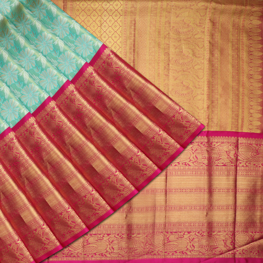 Blue Tissue Kanjivaram Silk Saree With Floral Motif Pattern