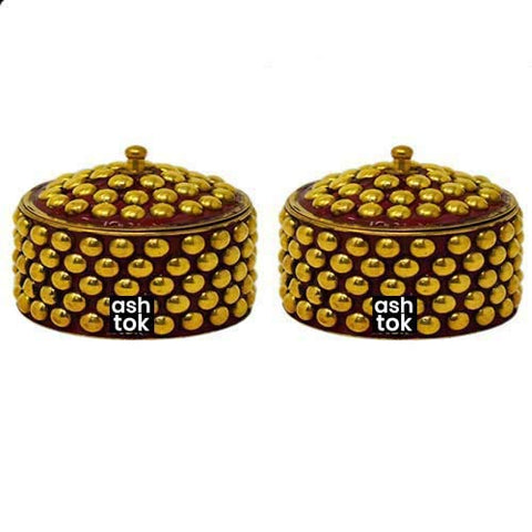 Brass Kumkum Box, Brass box handcrafted round shape,Sindoor Dani Sindoor Dabbi, Dotted Design, Color Red, 2x2 Inch, Gift Item (Pack of 2 Pcs)