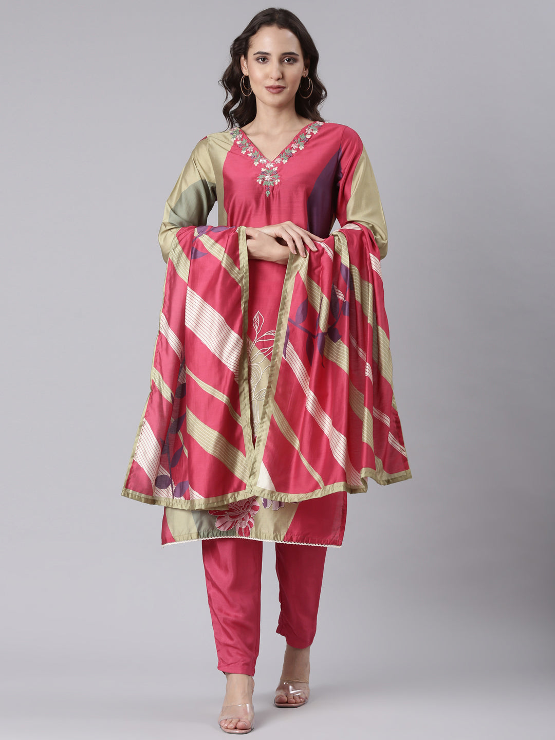 Magenta Dola silk embroidered with work three piece set